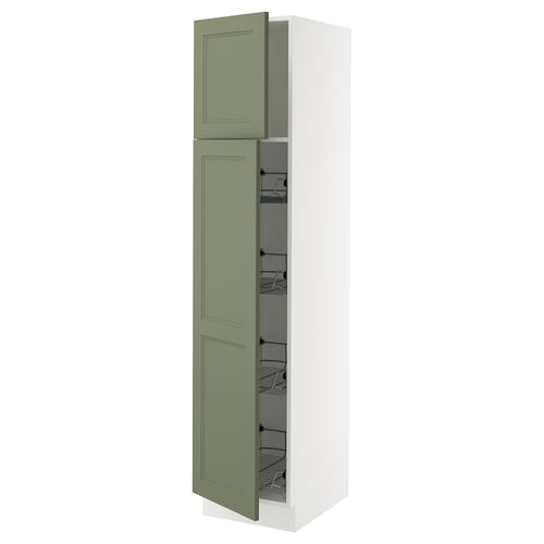 SEKTION kitchen cabinet in grey-green with pull-out baskets.