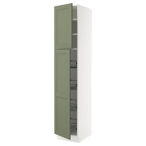 Ikea SEKTION kitchen cabinet, green, white interior, wire shelves.