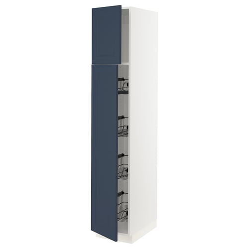 A tall, blue kitchen cabinet from the SEKTION series with multiple shelves and drawers. The cabinet is white and blue and has a modern design.