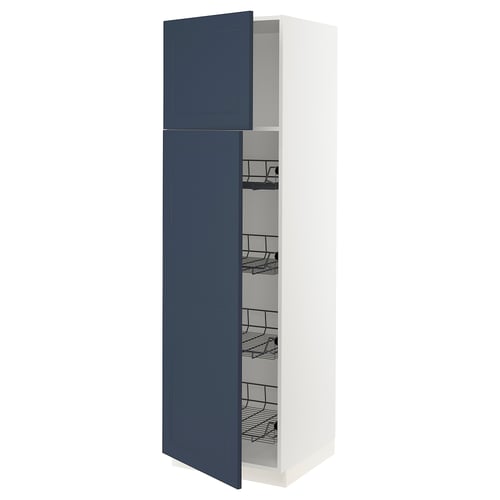 A tall white SEKTION kitchen cabinet with blue doors and black wire shelves. The doors are partially opened, revealing organised storage space.