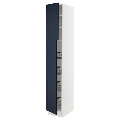The ikea SEKTION kitchen cabinet in white with blue doors. It a tall, slim design with pull-out wire baskets for storage.