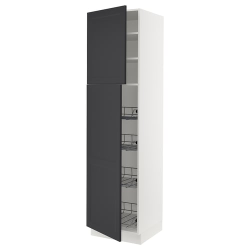 Large white kitchen cabinet with grey doors, displaying shelves and wire baskets, modern design.