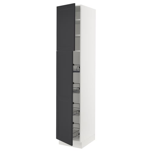 SEKTION white tall kitchen cabinet with blue doors and pull-out baskets.