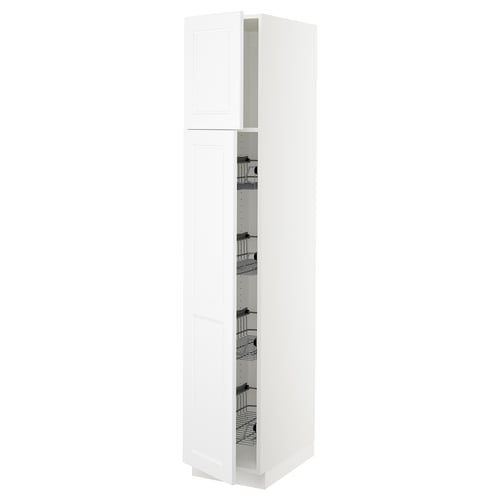 White SEKTION kitchen cabinet with pull-out wire baskets, modern design.