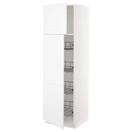 A white SEKTION kitchen cabinet with one door open, revealing metal wire shelves inside.
