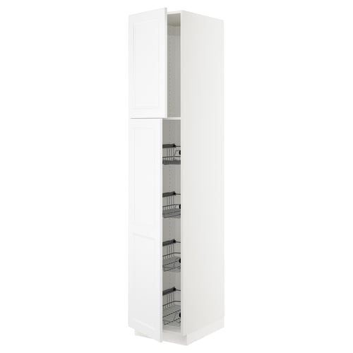 A white SEKTION kitchen cabinet with metal shelves and drawers. It has a tall, rectangular shape and clean design.