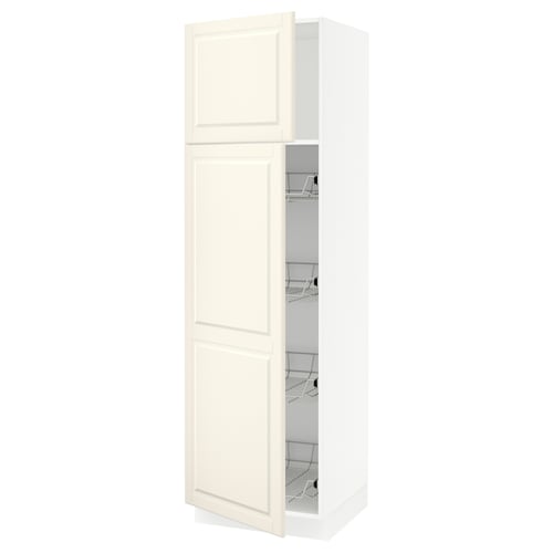 Off-white SEKTION kitchen cabinet with bevelled edges and wire shelves.