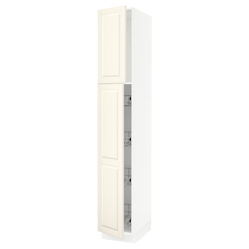 This image shows an off-white SEKTION kitchen cabinet with a traditional design, featuring two doors and inner shelves.