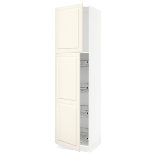 Handy, tall SEKTION off-white kitchen cabinet with bevelled edges and wire shelves. It opens from the middle, hanging left or right.