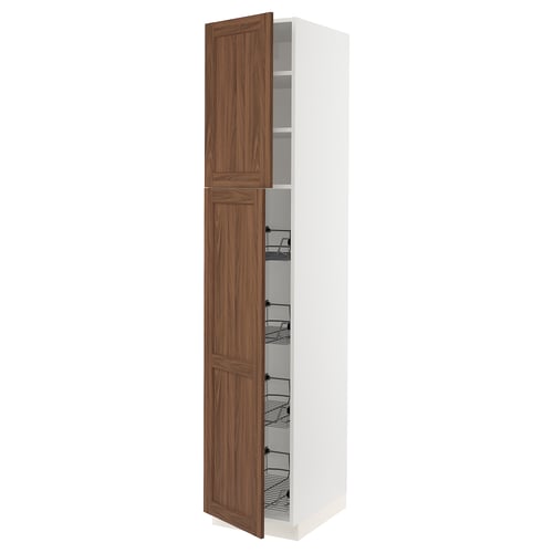 Ikea SEKTION kitchen cabinet with walnut door and wire shelves.