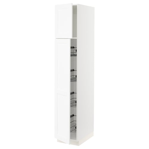 White kitchen cabinet with glass door, slim design, multiple shelves.