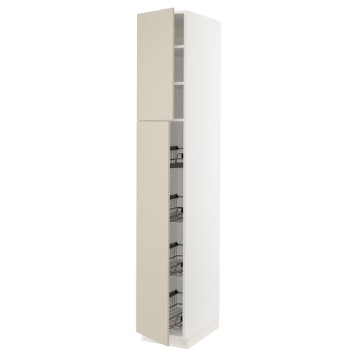 Beige SEKTION kitchen cabinet, tall and rectangular with multiple wire shelves. Modern design, smooth finish.