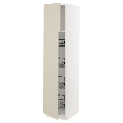 Beige ikea SEKTION kitchen cabinet. Tall, 2-door with wire baskets, modern design.