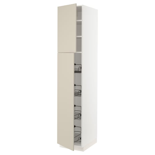The SEKTION kitchen cabinet with beige havstorp fronts, featuring a smooth, sleek design and multiple wire baskets inside.