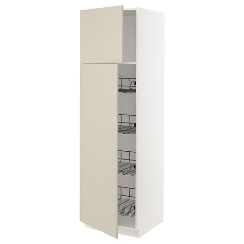 An open beige SEKTION kitchen cabinet with wire shelves from IKEA.