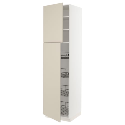 SEKTION kitchen cabinet in beige with wire shelves, slim design.
