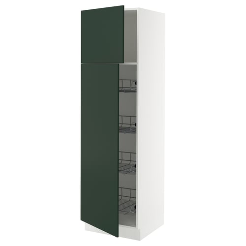 Green SEKTION tall kitchen cabinet, slim design, white frame, metal racks, smooth hinges.