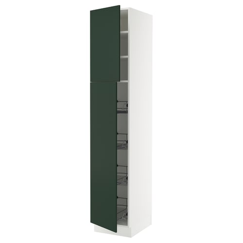 SEKTION tall white cabinet with green door, wire shelves.