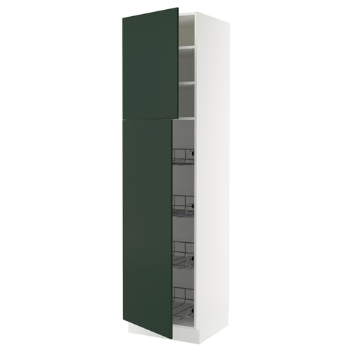 A tall white cabinet with green doors and multiple shelves.