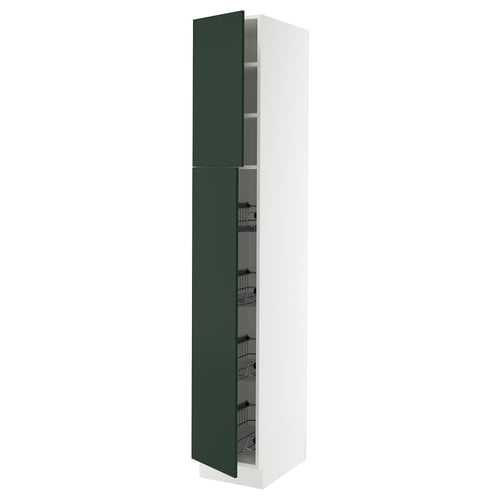 Ikea SEKTION dark green kitchen cabinet, tall with open door showing shelves.