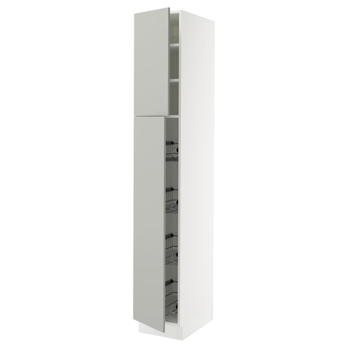 A white SEKTION tall kitchen cabinet with multiple shelves and drawers. The cabinet sleek light grey doors and is designed for modern kitchen storage.