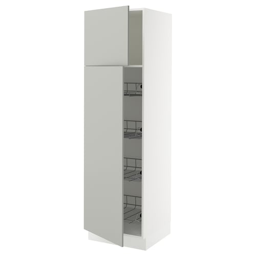 Behind: white cabinet with light grey door, smooth close hinge, black wire shelves.