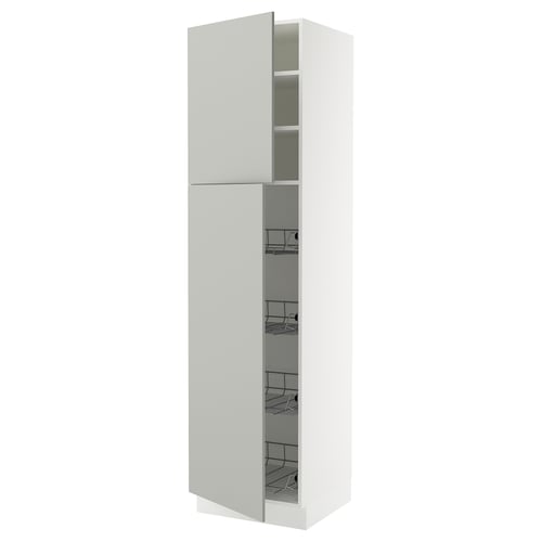 A tall, white SEKTION kitchen cabinet with two doors and wire shelves, highlighted by a clean, modern design.