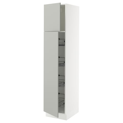 White upright kitchen cabinet with grey wire shelves, light grey doors, modern design.