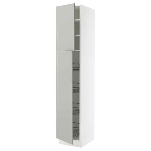 Ikea SEKTION tall white kitchen cabinet with light grey doors and wire shelves.