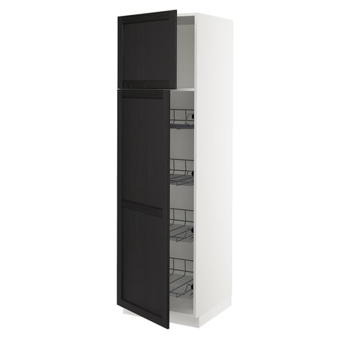 White SEKTION cabinet with black stained door, wire baskets.