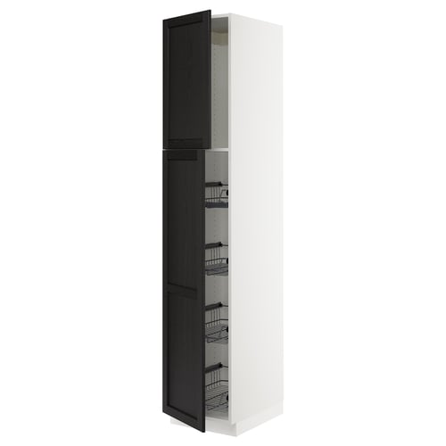 White kitchen cabinet with black stained ash doors, wire shelves, bevelled edges, smooth-closing hinges.