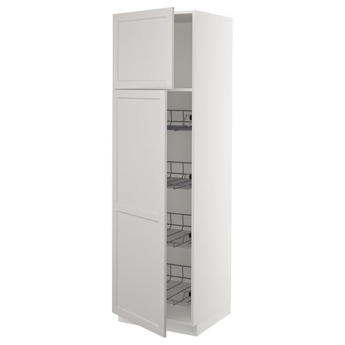 White SEKTION tall kitchen cabinet with wire baskets.