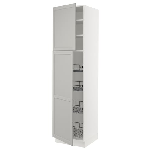 White SEKTION tall kitchen cabinet with grey interior, 3 wire shelves, and smooth-close door.