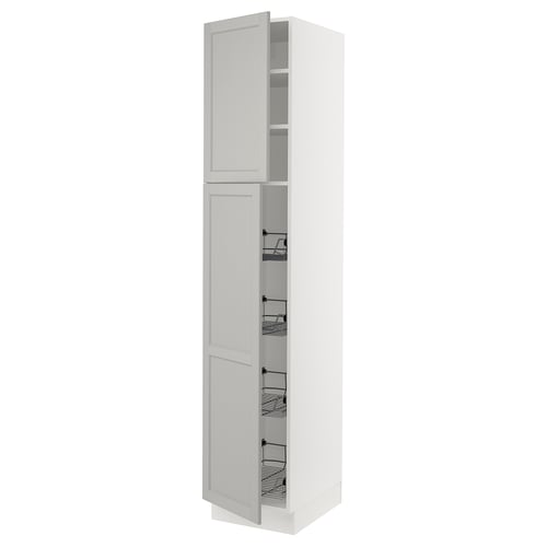 White SEKTION kitchen cabinet with bevelled edges and pull-out wire baskets.