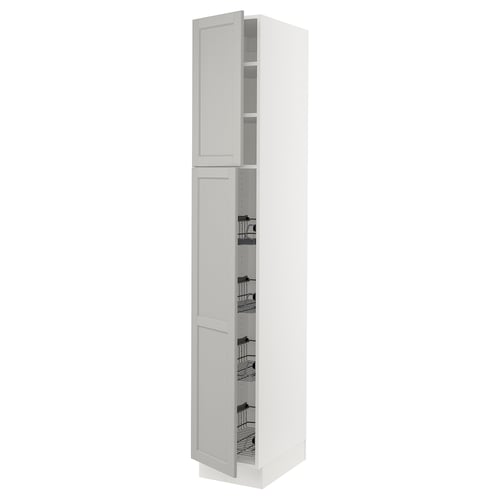 White SEKTION cabinet, tall with pull-out baskets. Sleek design, bevelled edges.