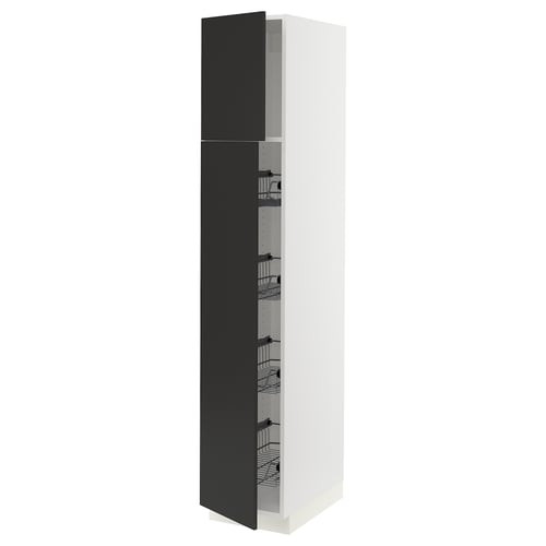A black and white modern kitchen cabinet with multiple shelves and drawers.