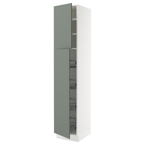 SEKTION kitchen cabinet in gray-green with wire baskets.