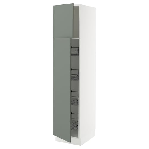 SEKTION kitchen cabinet in grey-green with wire baskets and pull-out stop, modern and sturdy.