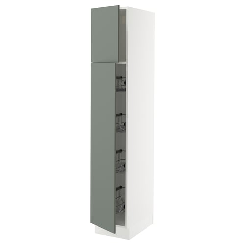 SEKTION tall kitchen cabinet, gray-green, white, modern design, metal racks.