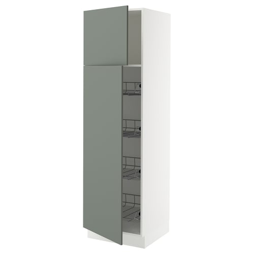Modern greenish kitchen cabinet with wire baskets, slim design.