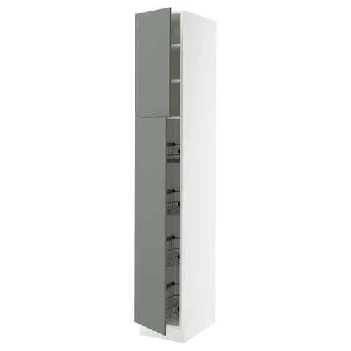 SEKTION kitchen cabinet in grey-green, tall with wire baskets, modern & sleek design.