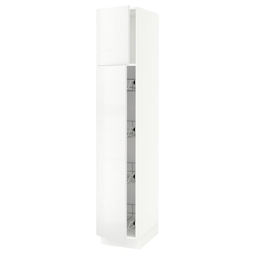 White tall kitchen cabinet with glossy doors, wire baskets, and softened closing hinges.