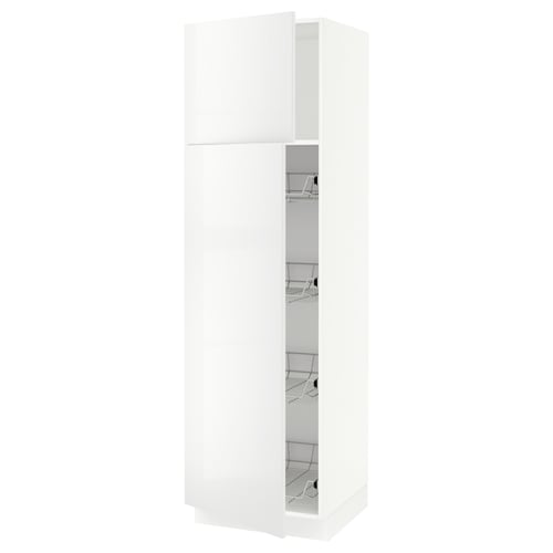 White kitchen cabinet with high gloss, two shelves, snap hinges for door, and wire racks. Modern, sleek design.