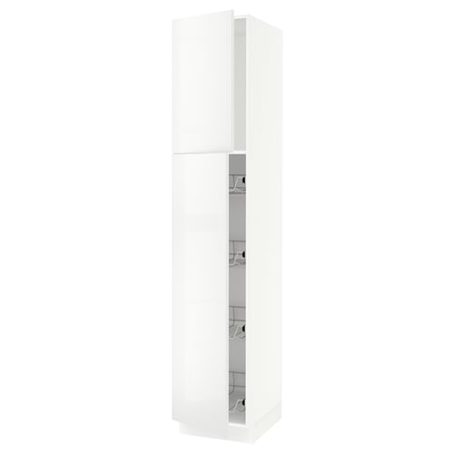 A white SEKTION kitchen cabinet. It has a glossy door that can open either left or right, and smooth-running wire baskets with a slow-close mechanism.