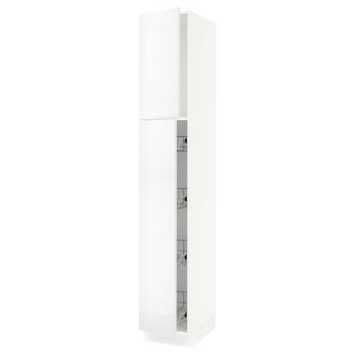 White high gloss kitchen cabinet, rectangular, modern design with seamless look, tall structure, sleek handle-less doors.