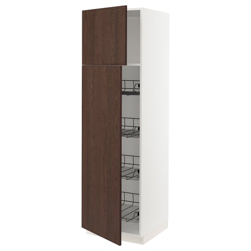 Ikea SEKTION tall white cabinet, dark wood doors open, metal shelves.