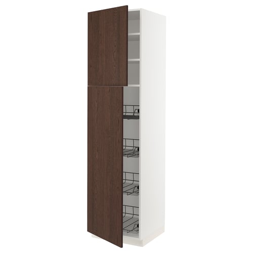 Modern tall cabinet with dark brown wood doors and metal shelves.