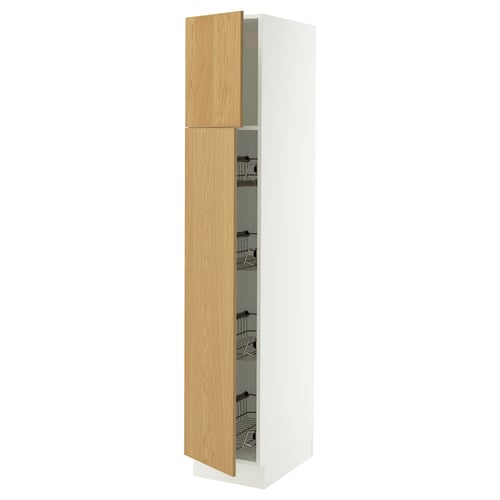 A white SEKTION tall cabinet with light oak doors and wire baskets inside. It has a sleek, vertical design suitable for storage.