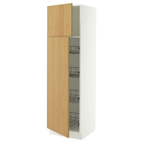 SEKTION kitchen cabinet, tall, white with light wood doors, metal baskets, modern design.