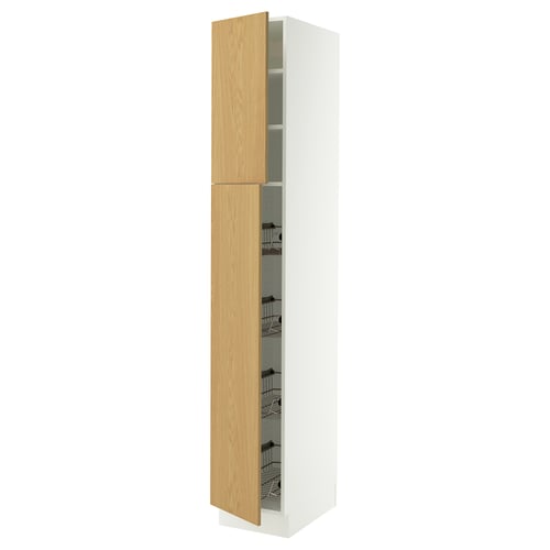 SEKTION tall cabinet with light wood door, glass shelves, and metal bins.